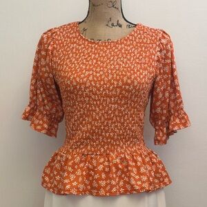 MELLODAY Orange Floral Smocked Blouse